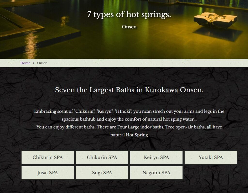 Types of Onsen at the Kurokawa Yusai Onsen Main Building
