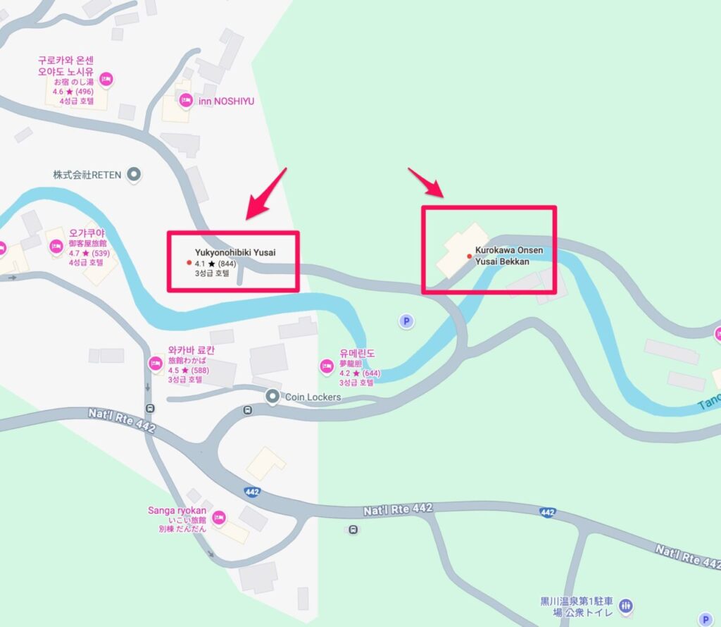 黒川由蔡（ユサイ）温泉 本館と別館の位置